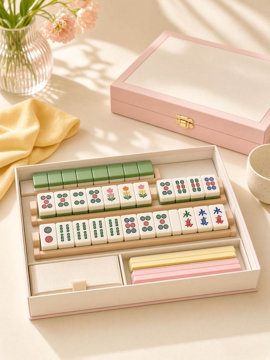 Colorful American Mahjong tiles and racks on a bright table
