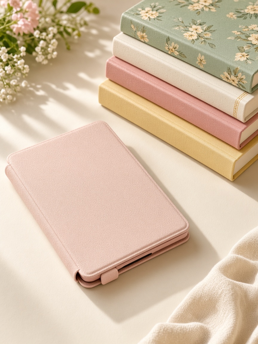 A Kindle case and book stacked on a sunny reading nook